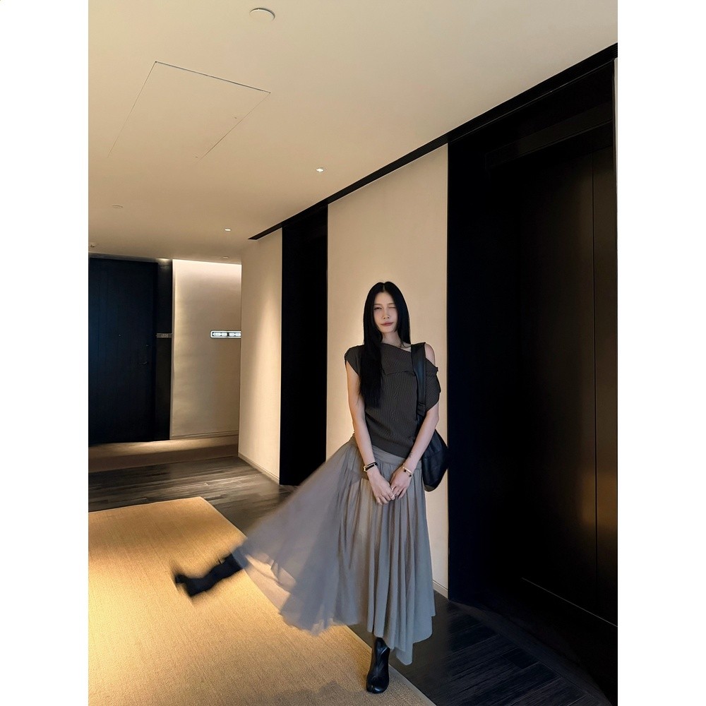 70不是七十帶打底褲！網紗不規則半身裙女春韓系氛圍感咖色長裙-細節圖3