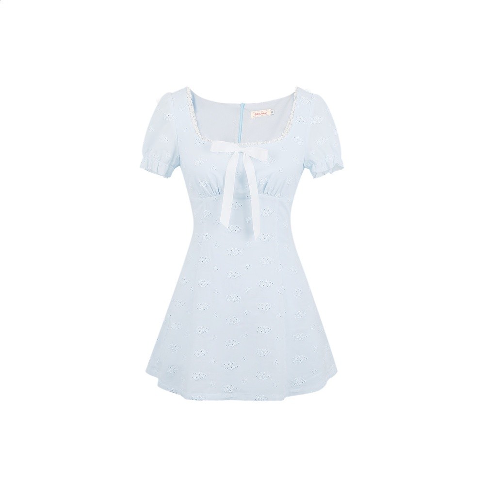 你的魚 霧藍島嶼 韓系微胖mm春夏花邊泡泡袖蝴蝶結公主風連衣裙-規格圖5
