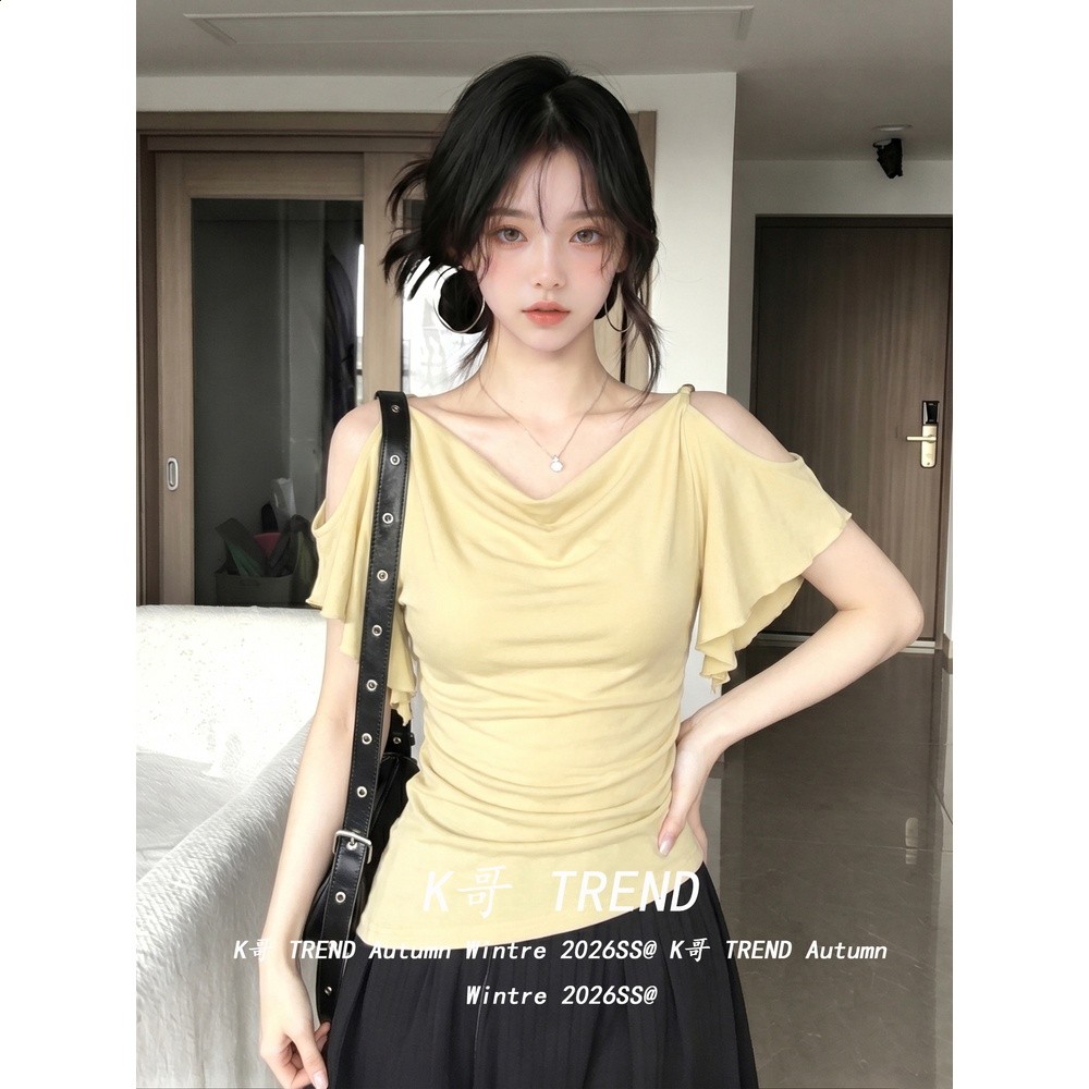 兩穿法式蕩領柔美感露肩荷葉邊T恤女夏季不規則下襬大落肩上衣潮-細節圖2