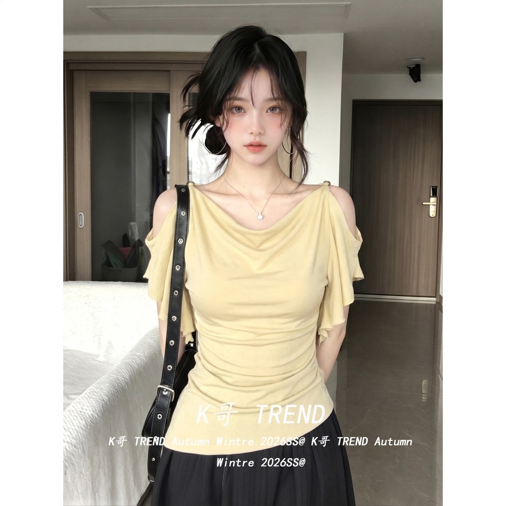 兩穿法式蕩領柔美感露肩荷葉邊T恤女夏季不規則下襬大落肩上衣潮-細節圖3