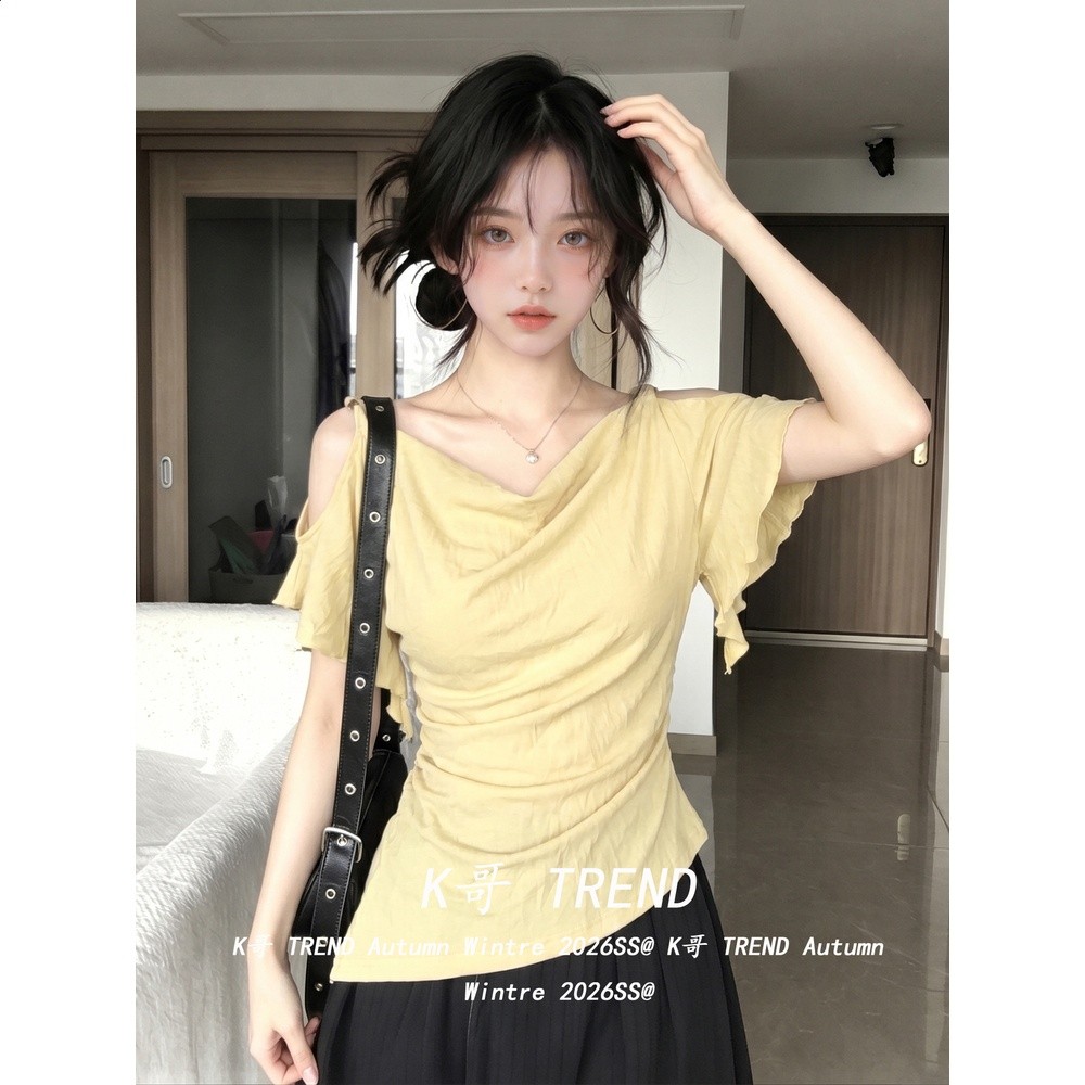 兩穿法式蕩領柔美感露肩荷葉邊T恤女夏季不規則下襬大落肩上衣潮-細節圖4