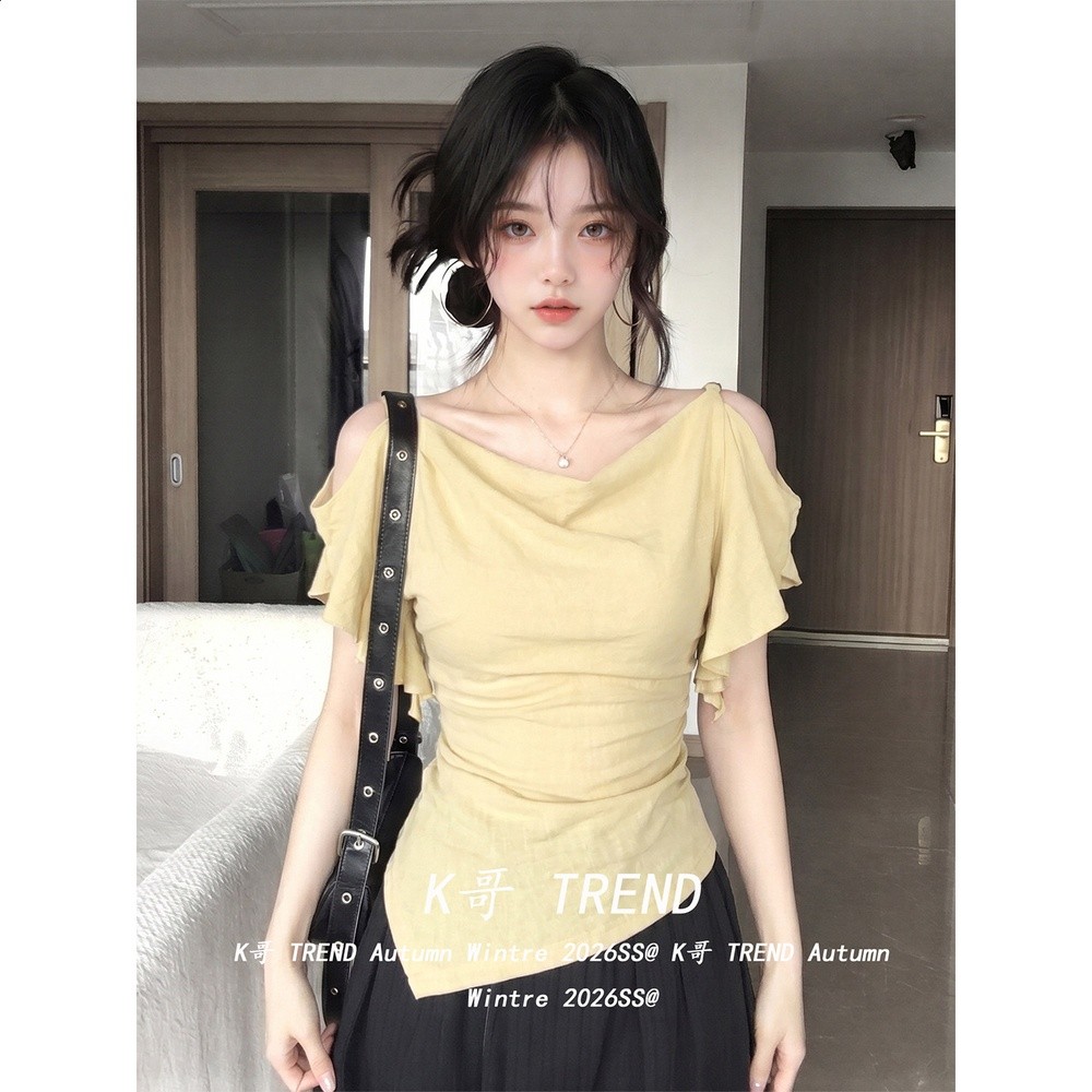兩穿法式蕩領柔美感露肩荷葉邊T恤女夏季不規則下襬大落肩上衣潮-規格圖5