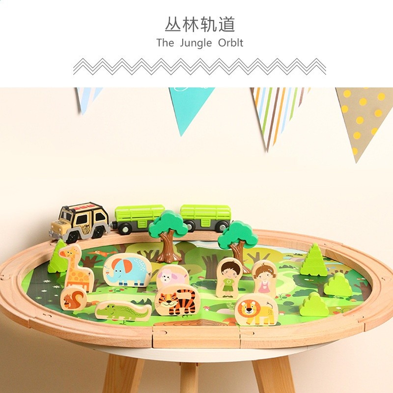 兒童32件大型叢林軌道森林動物情景模擬小火車益智木質玩具帶底圖-細節圖2