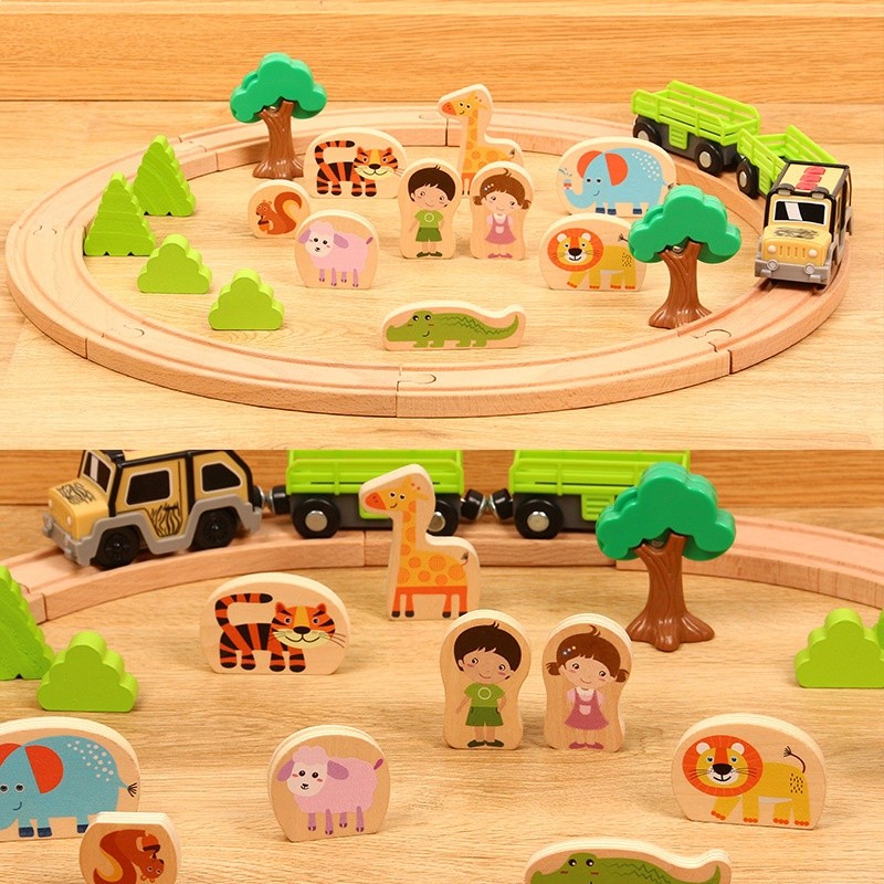 兒童32件大型叢林軌道森林動物情景模擬小火車益智木質玩具帶底圖-細節圖3