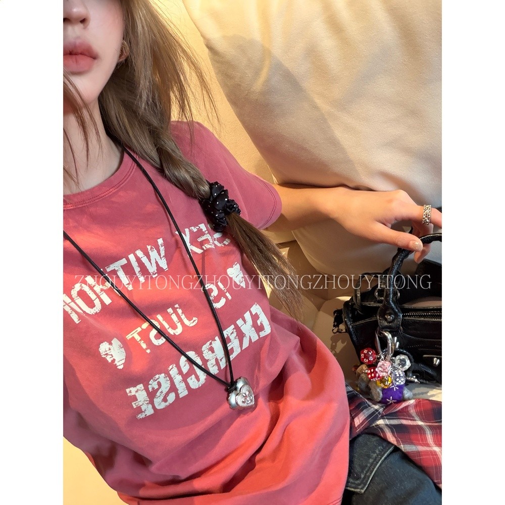 【鬆弛邊緣】周怡彤新款美式紫色正肩短袖t恤女夏設計感小眾上衣-規格圖5