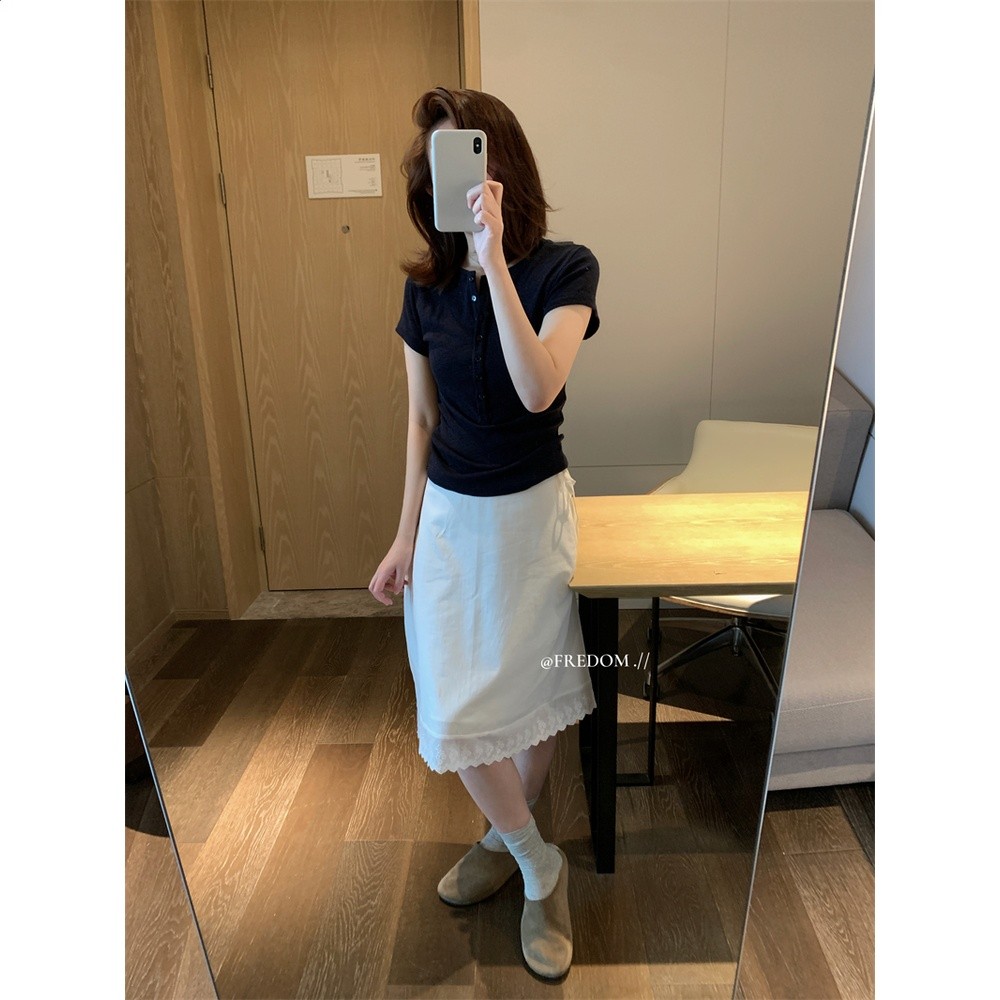 fredom 棉麻蕾絲邊半身裙2026年夏季新品高腰白色休閒中長款裙子-細節圖3