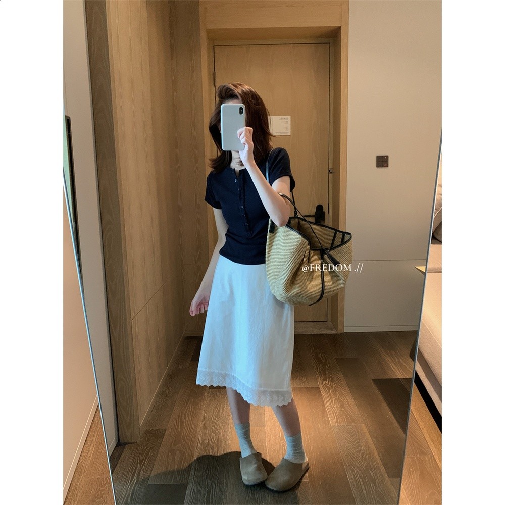 fredom 棉麻蕾絲邊半身裙2026年夏季新品高腰白色休閒中長款裙子-細節圖4