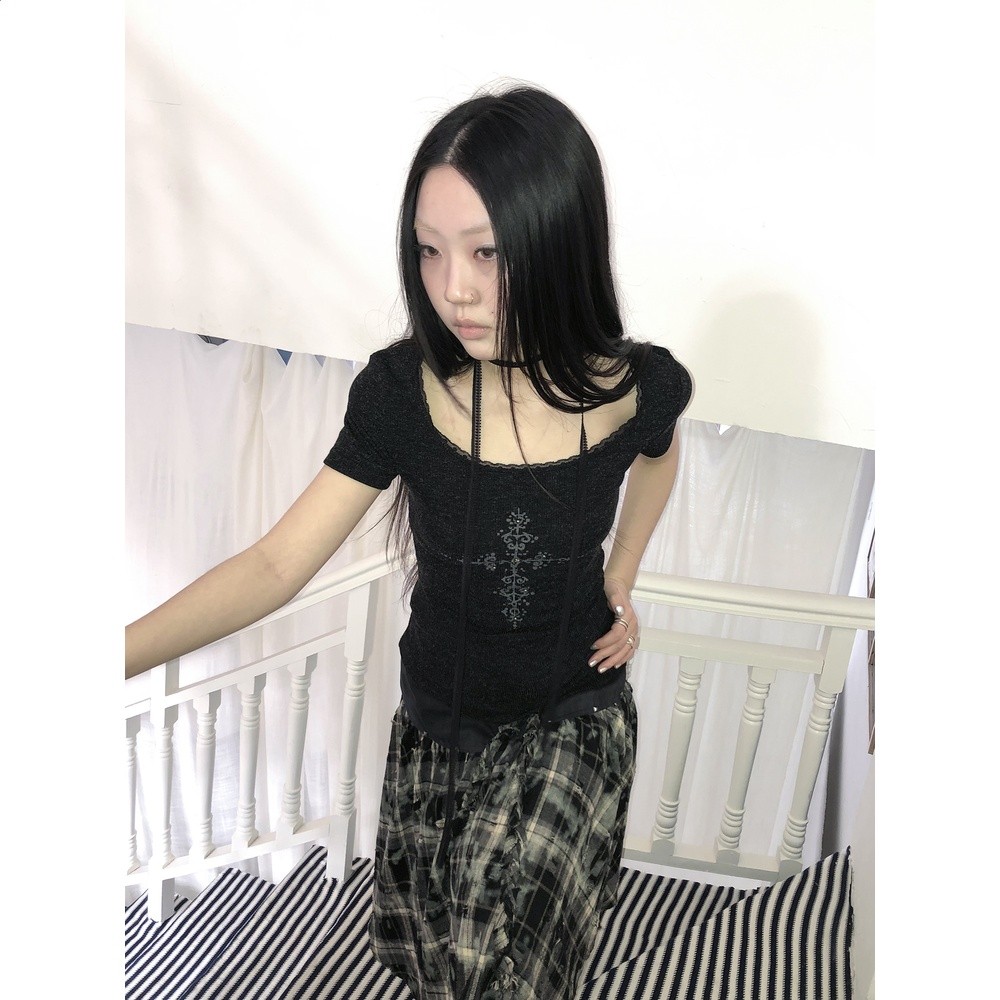 ang:project 輕亞十字架印花釘珠褶皺收腰修身短袖T恤上衣 配圍脖-規格圖5