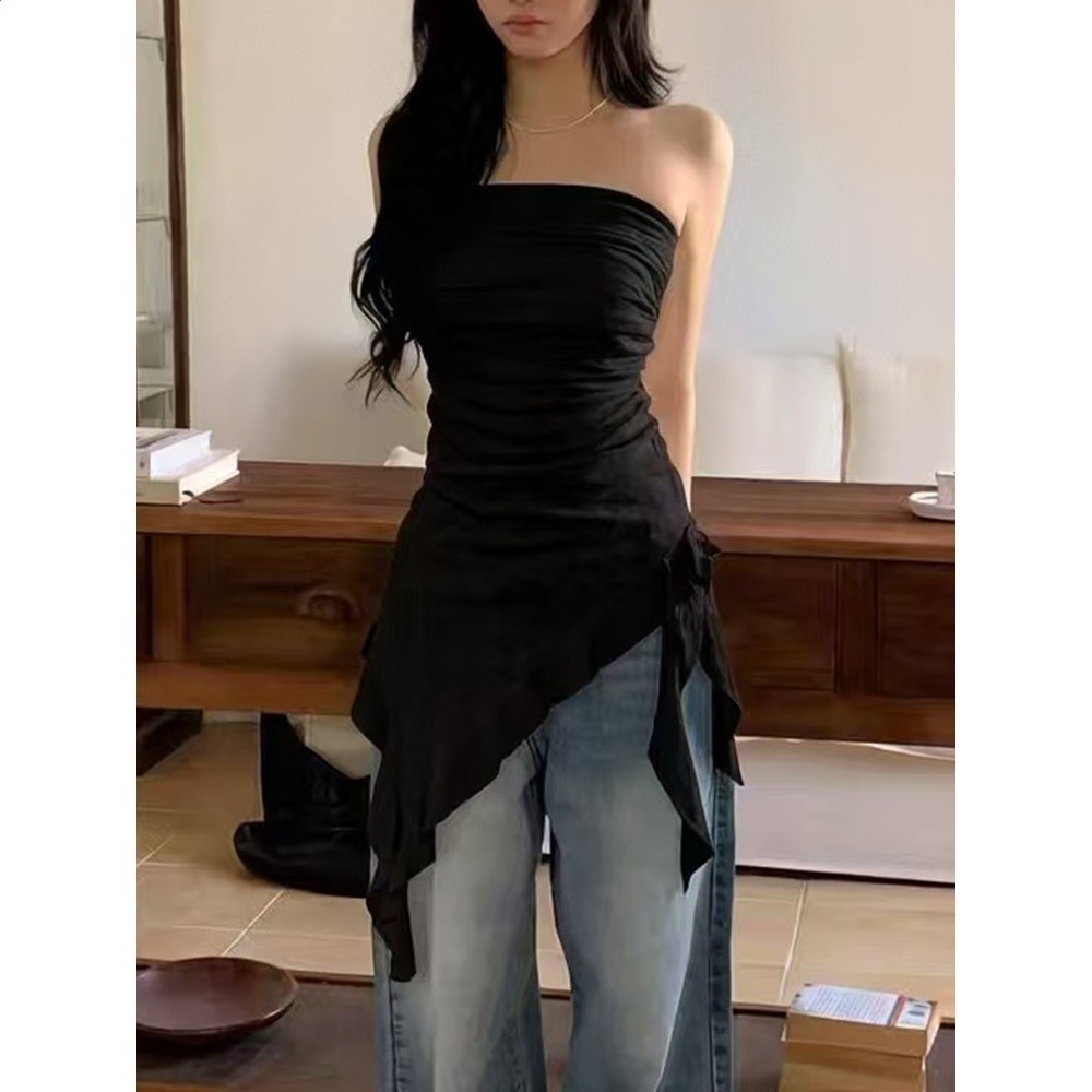 良良家 春季新款街頭氣質性感不規則花邊辣妹顯瘦平口連衣裙女-細節圖2