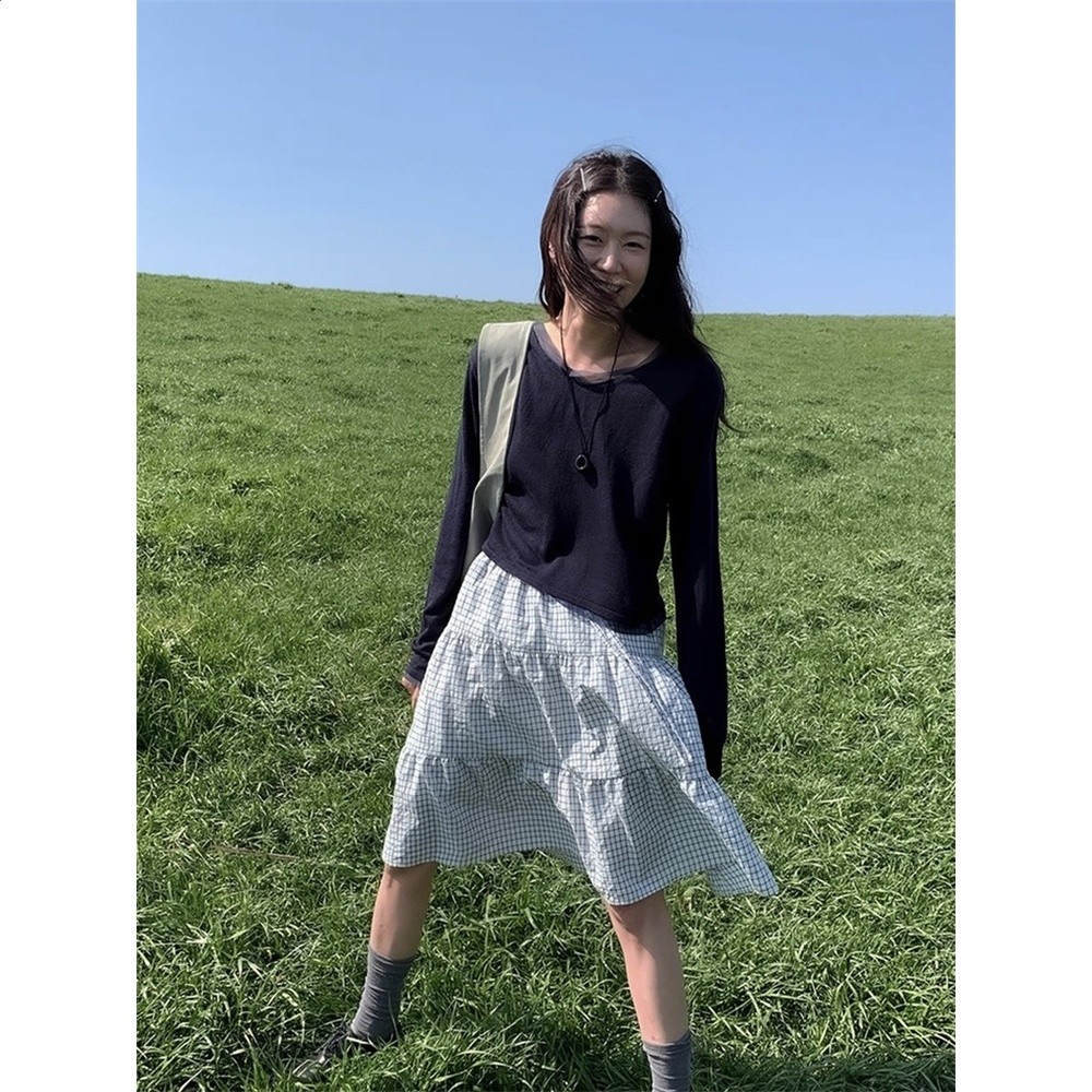 韓代博主款  抽繩鬆緊腰春夏百搭棉質格子蛋糕半身裙 短款/長款-細節圖3