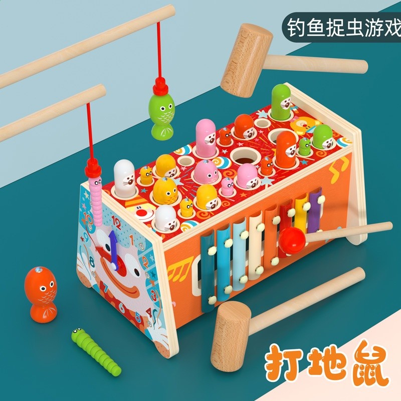 兒童木製玩具大象拖拉敲琴打地鼠益智早教敲擊臺積木玩具車趣味-規格圖5