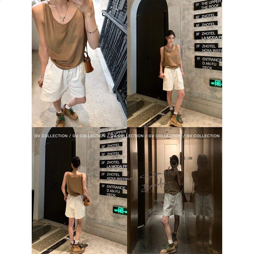GV大白哥 鬆弛超好穿 鬆緊腰棉感直筒休閒五分褲設計感百搭褲子女-細節圖2