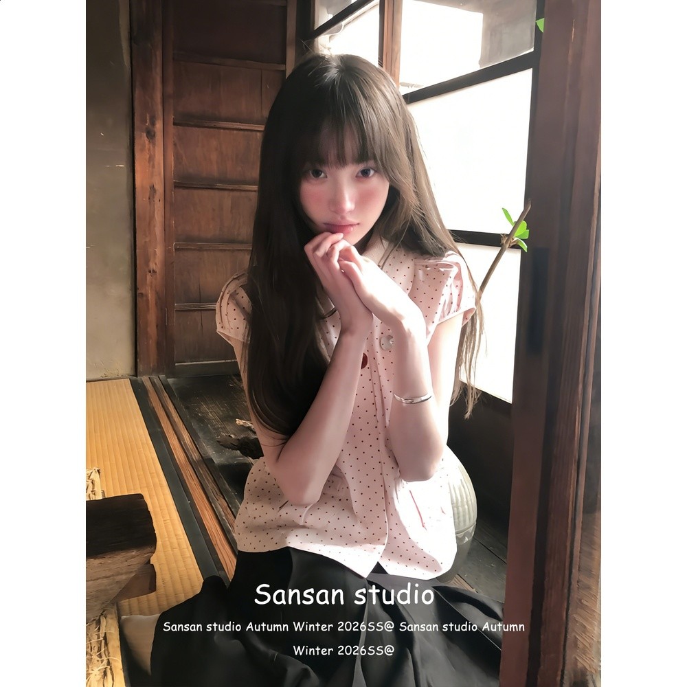 學院風波點短袖襯衫女初夏季穿搭娃娃領襯衣修身顯瘦韓系粉色上衣-細節圖3