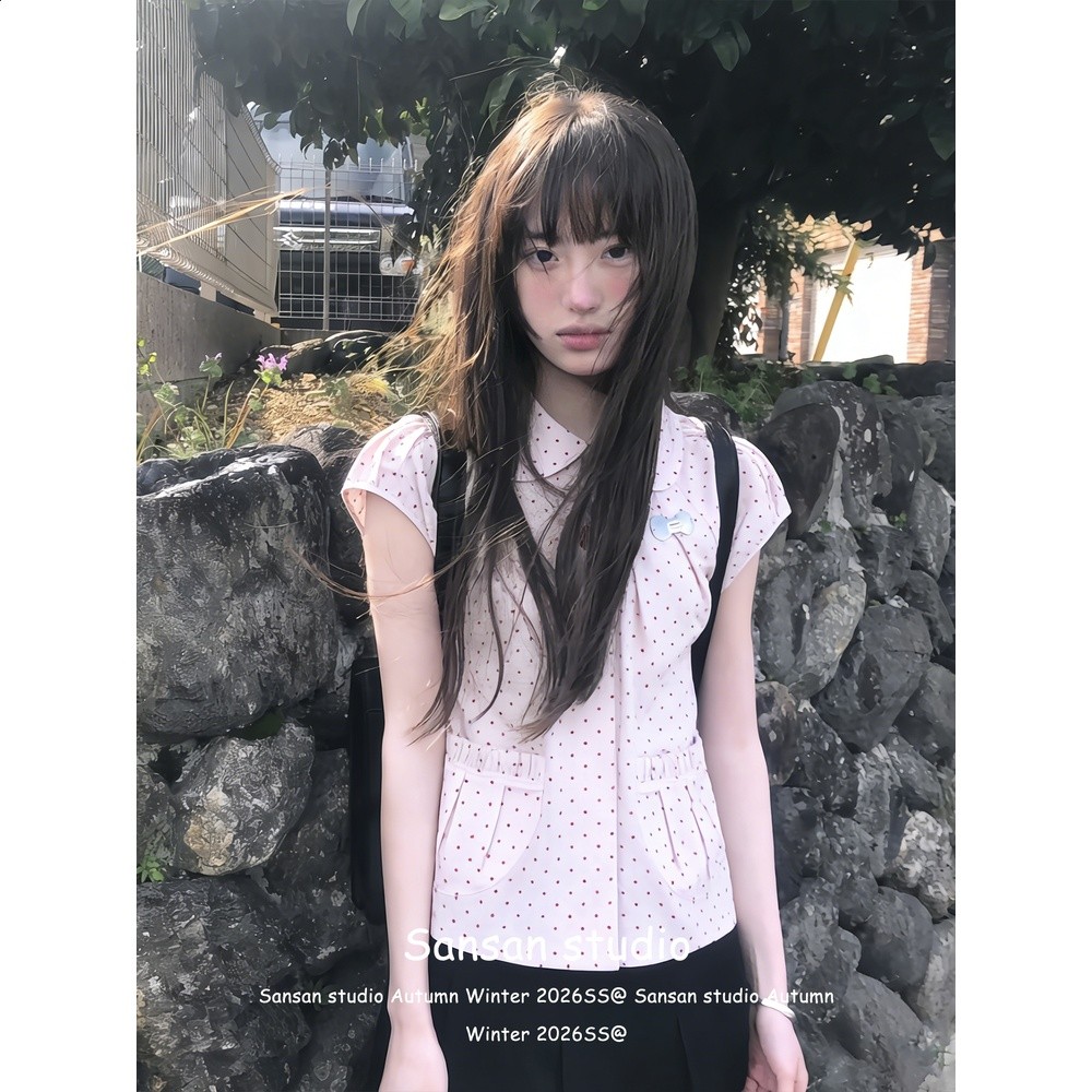 學院風波點短袖襯衫女初夏季穿搭娃娃領襯衣修身顯瘦韓系粉色上衣-細節圖4