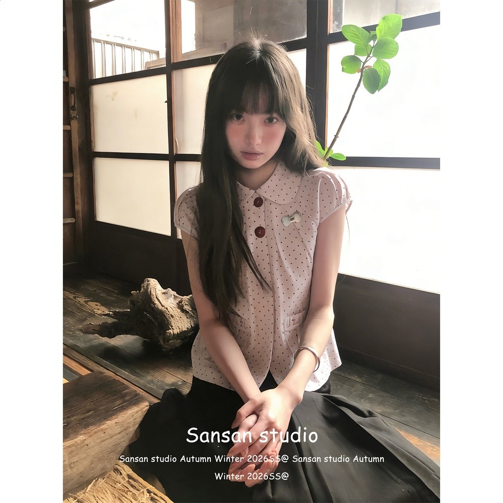 學院風波點短袖襯衫女初夏季穿搭娃娃領襯衣修身顯瘦韓系粉色上衣-規格圖4