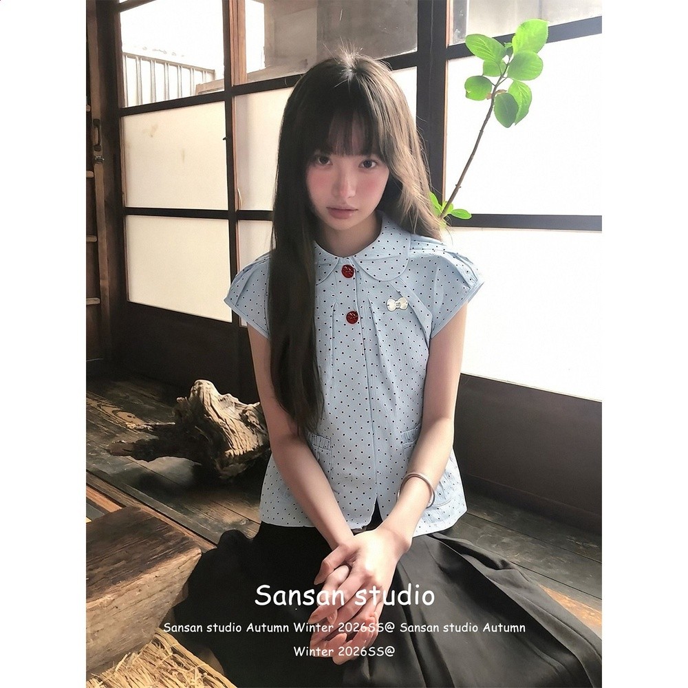 學院風波點短袖襯衫女初夏季穿搭娃娃領襯衣修身顯瘦韓系粉色上衣-規格圖4