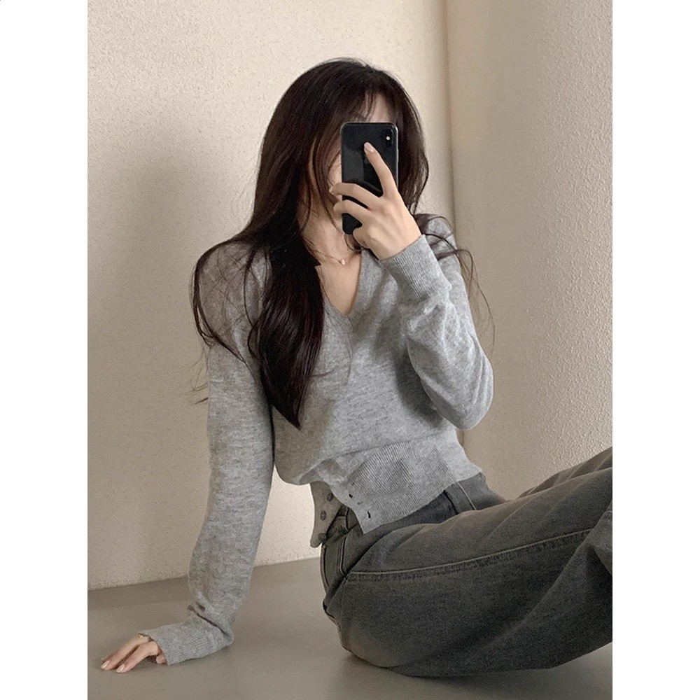 韓國chic秋季復古小眾V領側邊係扣設計休閒百搭短款長袖針織衫女-規格圖5