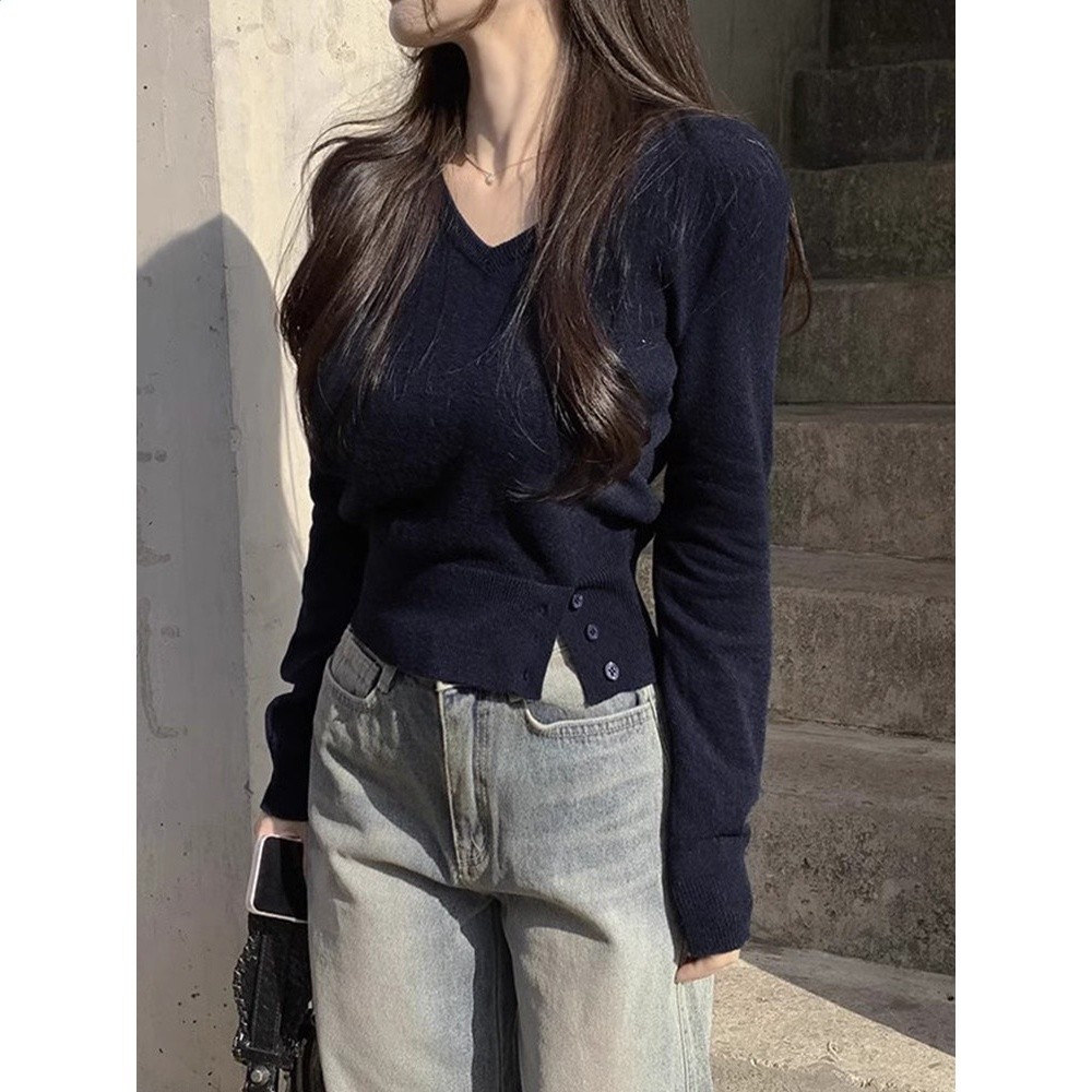 韓國chic秋季復古小眾V領側邊係扣設計休閒百搭短款長袖針織衫女-規格圖5