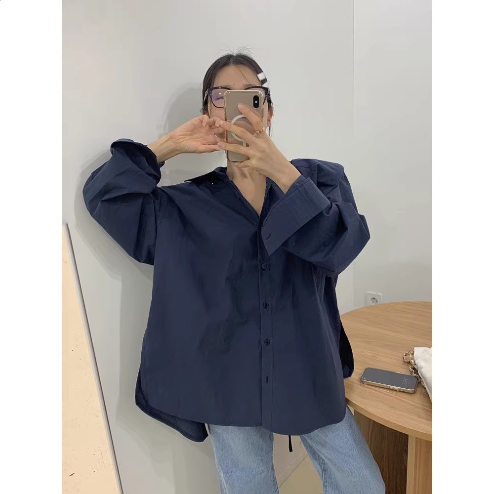 韓國chic春夏復古氣質翻領露背繫帶設計感寬鬆休閒百搭長袖襯衫女-細節圖3