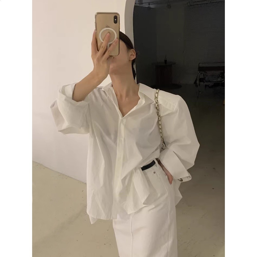 韓國chic春夏復古氣質翻領露背繫帶設計感寬鬆休閒百搭長袖襯衫女-細節圖4
