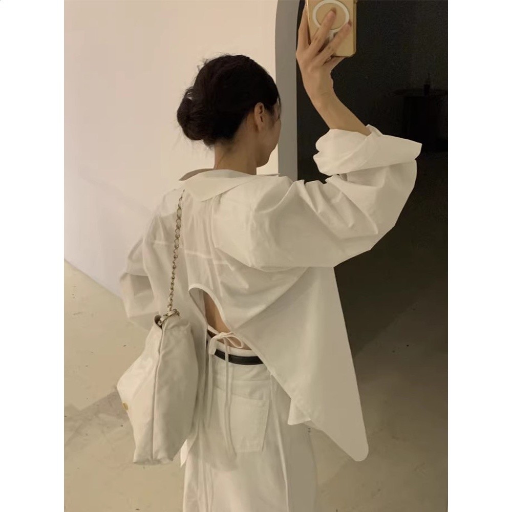韓國chic春夏復古氣質翻領露背繫帶設計感寬鬆休閒百搭長袖襯衫女-規格圖5