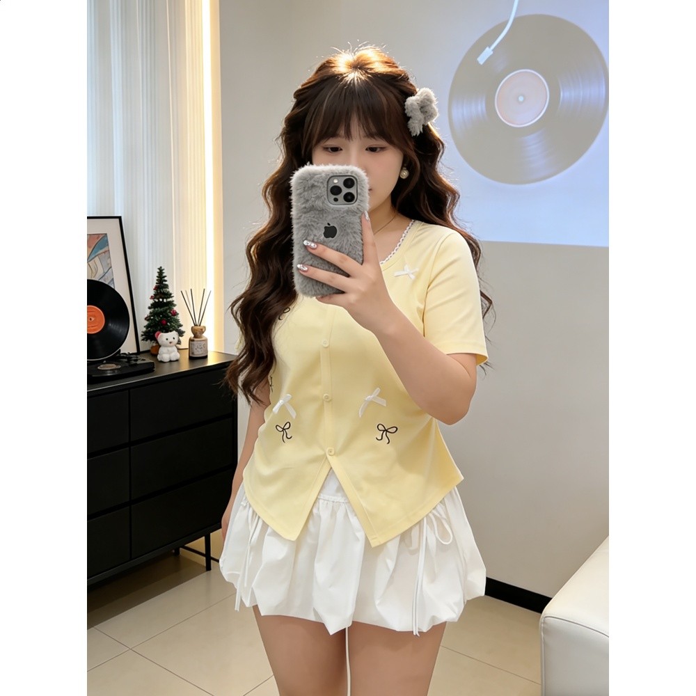 大碼胖mm韓系甜美風蝴蝶結印花短袖T恤女夏季減齡顯瘦多巴胺上衣-細節圖2