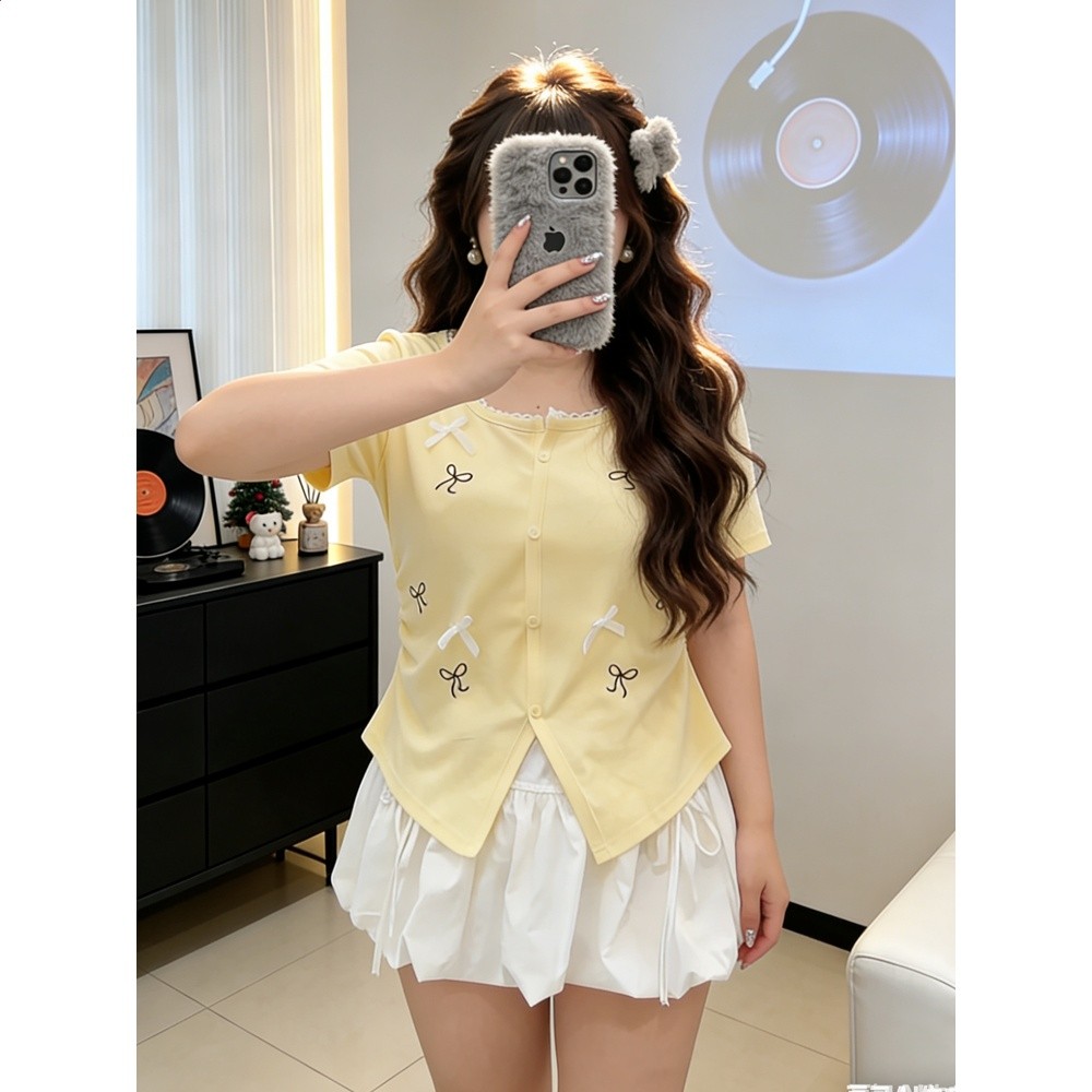大碼胖mm韓系甜美風蝴蝶結印花短袖T恤女夏季減齡顯瘦多巴胺上衣-細節圖3