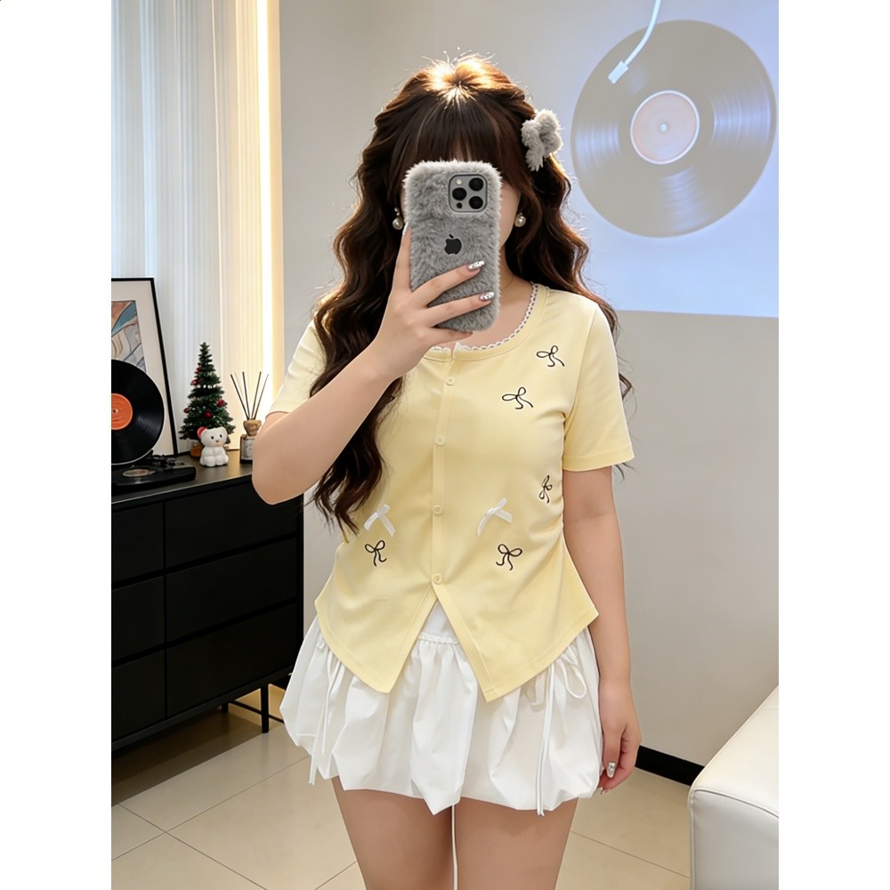 大碼胖mm韓系甜美風蝴蝶結印花短袖T恤女夏季減齡顯瘦多巴胺上衣-細節圖4