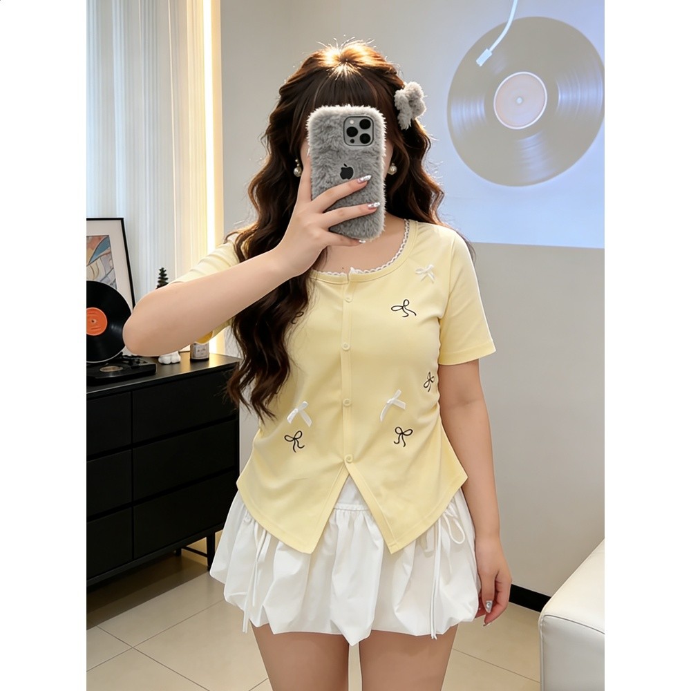 大碼胖mm韓系甜美風蝴蝶結印花短袖T恤女夏季減齡顯瘦多巴胺上衣-細節圖5