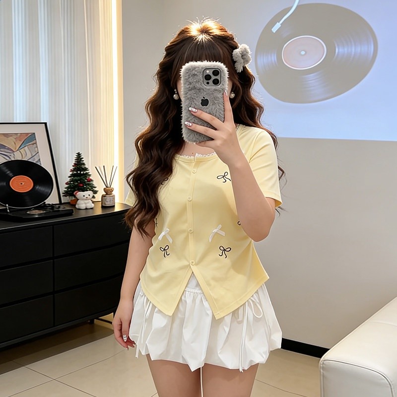 大碼胖mm韓系甜美風蝴蝶結印花短袖T恤女夏季減齡顯瘦多巴胺上衣-規格圖5