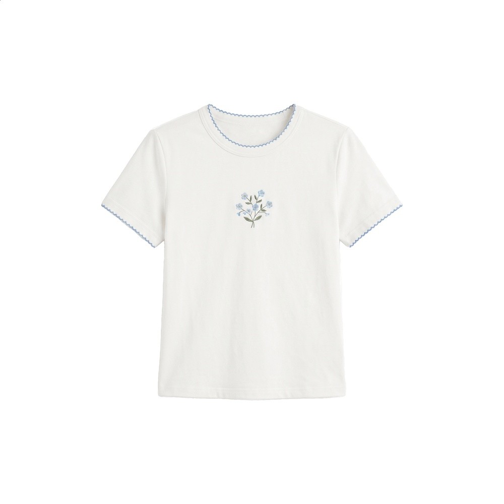 又巷【晚風敘白】刺繡小花正肩短袖t恤女夏新款修身短款白色上衣-細節圖5