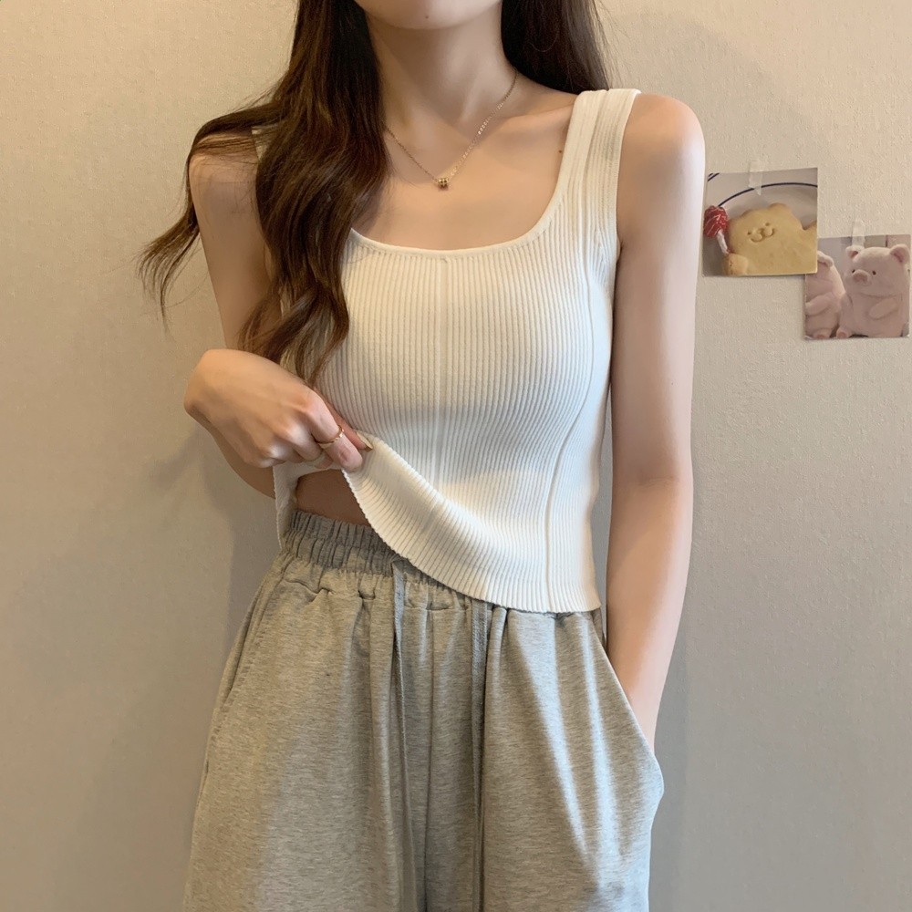 大碼法式方領設計感針織吊帶背心女夏季胖mm修身顯瘦外穿內搭上衣-細節圖5