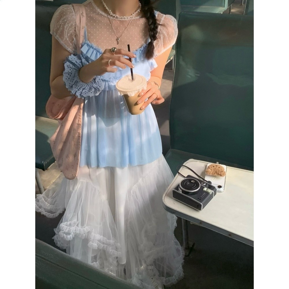 韓系甜美藍色花邊拼接吊帶背心女2026新款疊穿網紗短袖上衣兩件套-細節圖3