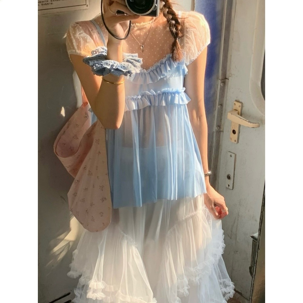 韓系甜美藍色花邊拼接吊帶背心女2026新款疊穿網紗短袖上衣兩件套-規格圖5