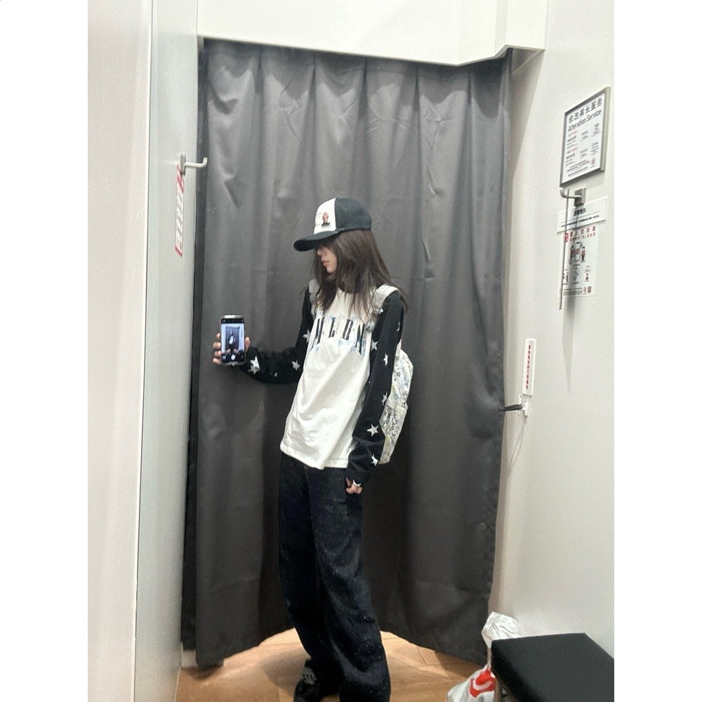 國潮牌美式高街星星滿印插肩長袖t恤女春秋設計感寬鬆打底衣上衣-細節圖2