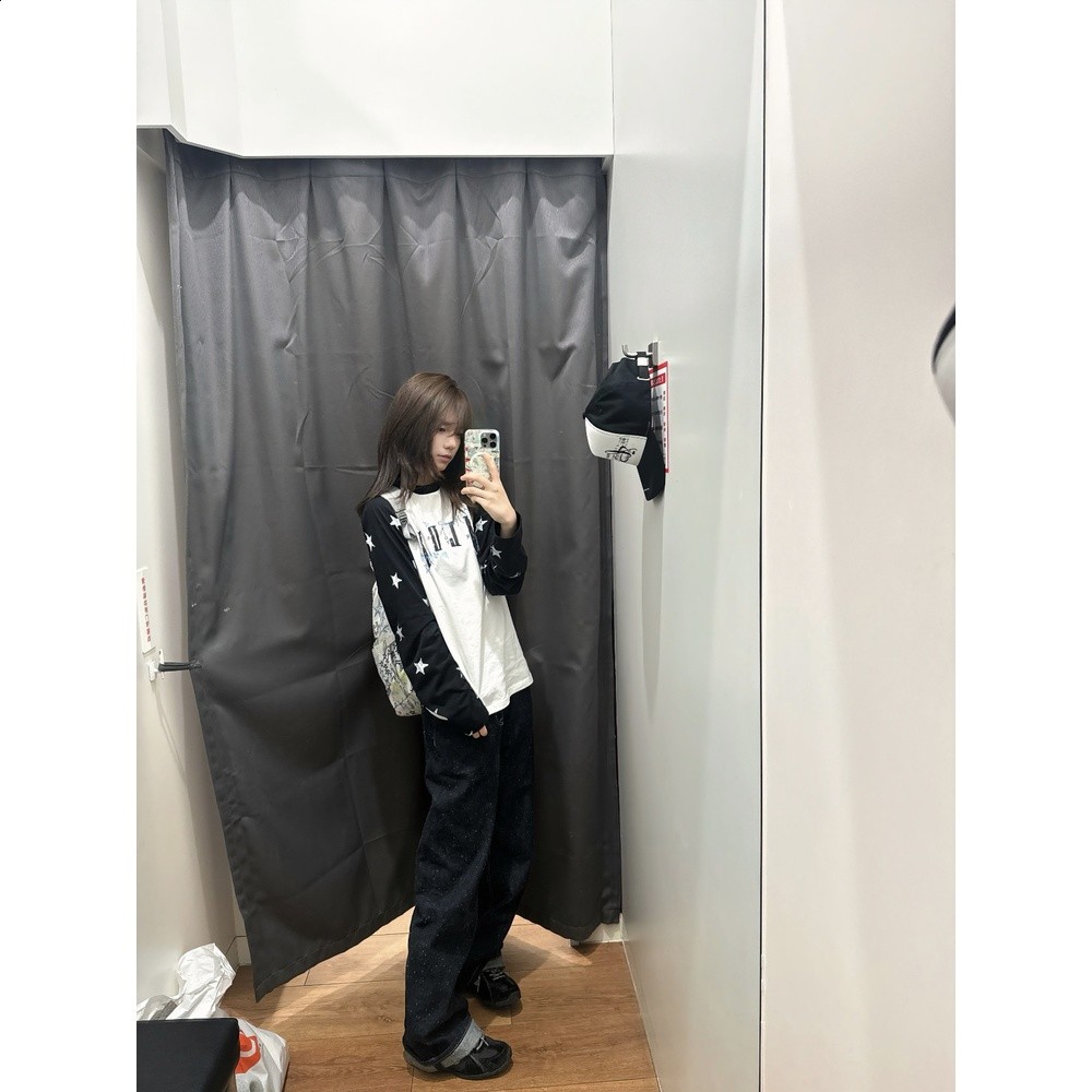 國潮牌美式高街星星滿印插肩長袖t恤女春秋設計感寬鬆打底衣上衣-細節圖3