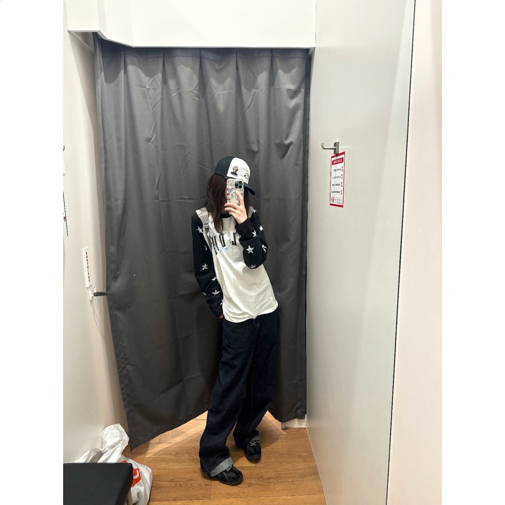 國潮牌美式高街星星滿印插肩長袖t恤女春秋設計感寬鬆打底衣上衣-細節圖4