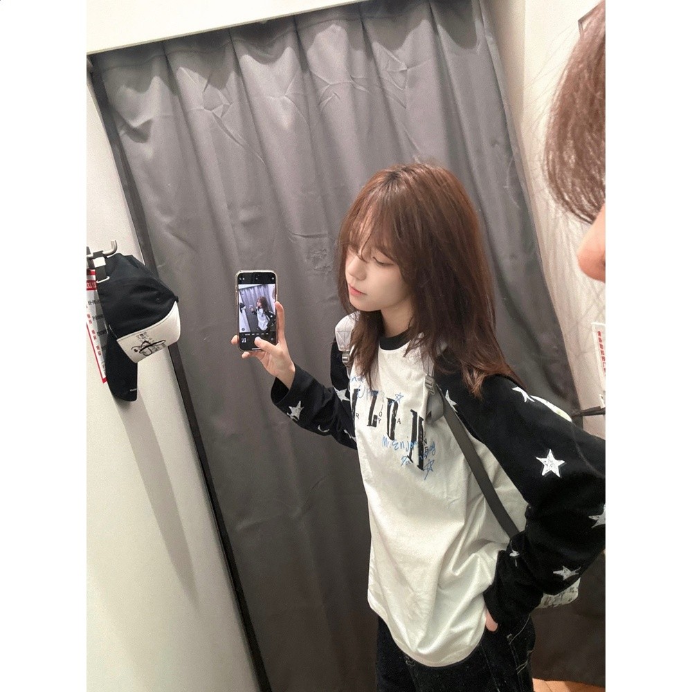 國潮牌美式高街星星滿印插肩長袖t恤女春秋設計感寬鬆打底衣上衣-細節圖5