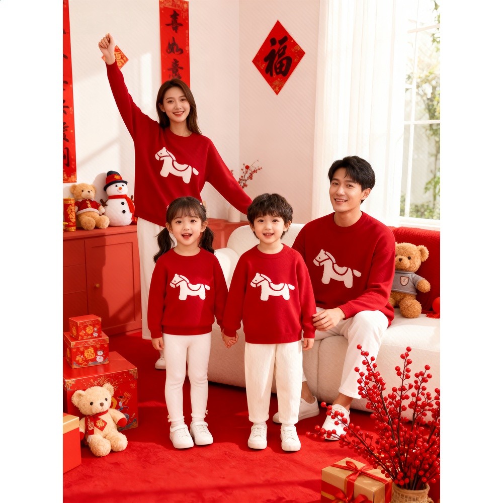 馬年親子裝紅色毛衣一家三口冬裝2026新款過年拜年母子母女全家福-細節圖2
