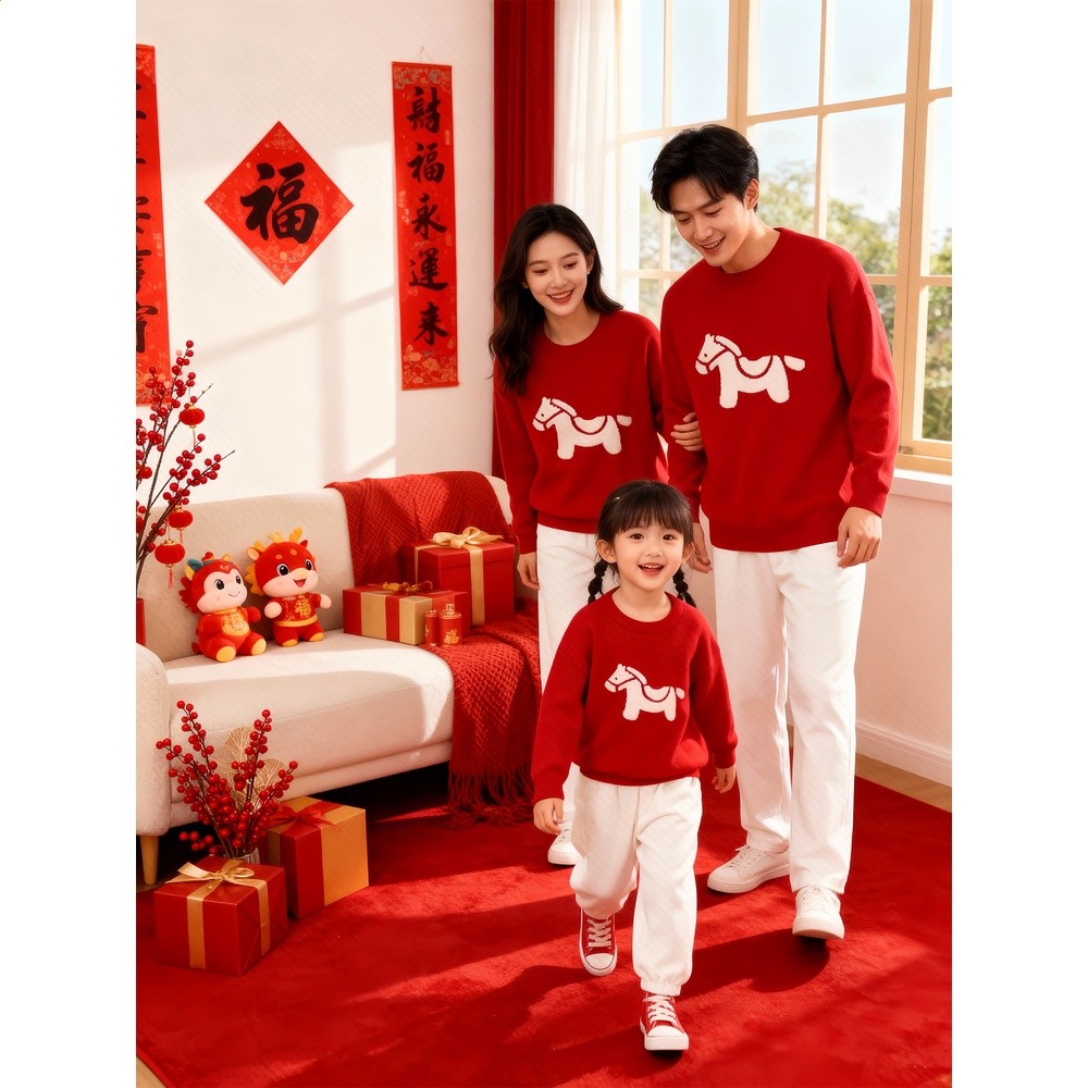 馬年親子裝紅色毛衣一家三口冬裝2026新款過年拜年母子母女全家福-細節圖3