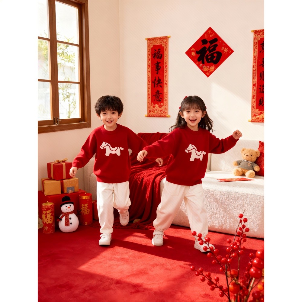馬年親子裝紅色毛衣一家三口冬裝2026新款過年拜年母子母女全家福-細節圖4