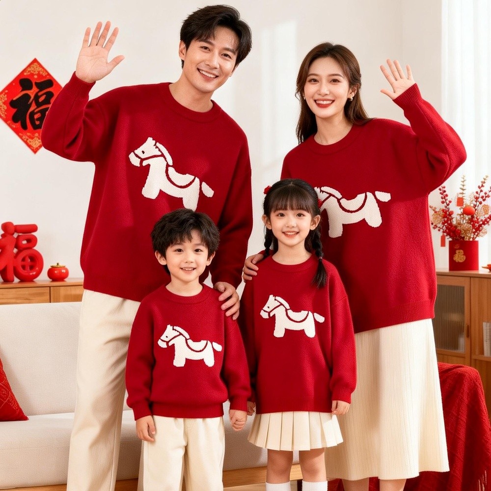 馬年親子裝紅色毛衣一家三口冬裝2026新款過年拜年母子母女全家福-規格圖5