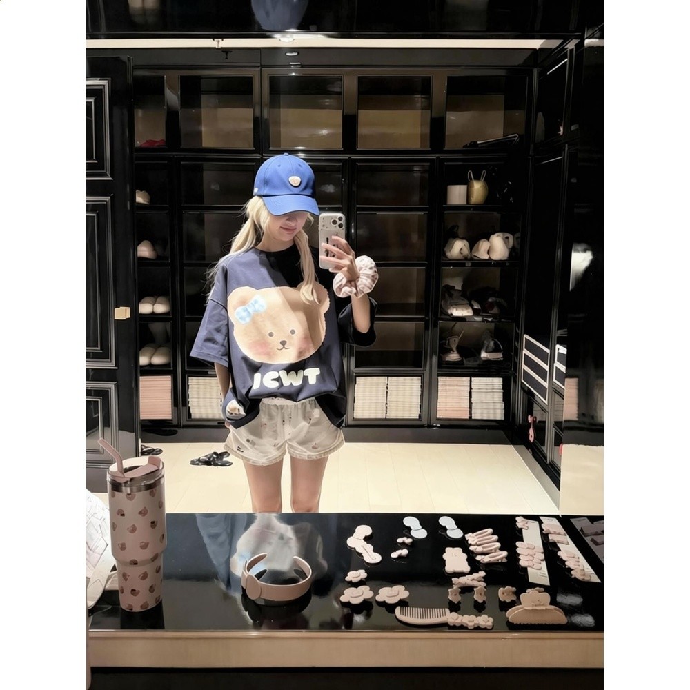 頑季果 奶油風可愛小眾大熊頭貼印花寬鬆圓領慵懶鬆弛短袖T恤女夏-規格圖4