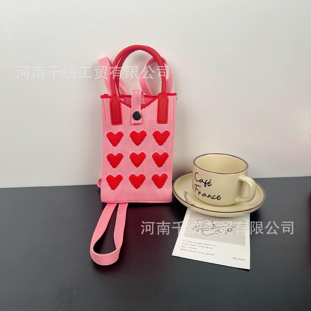 日韓簡約斜挎包零錢包收納包愛心填充手機包甜美百搭針織包批發-規格圖5