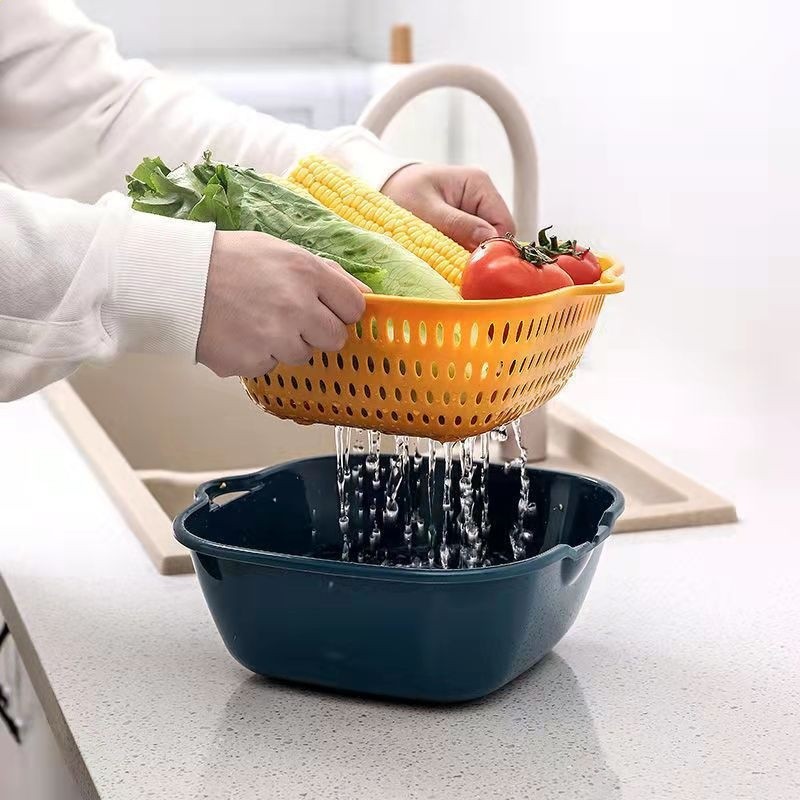 雙層瀝水籃六件套家用廚房洗菜盆多功能鏤空濾水籃火鍋果蔬配菜盤-細節圖3