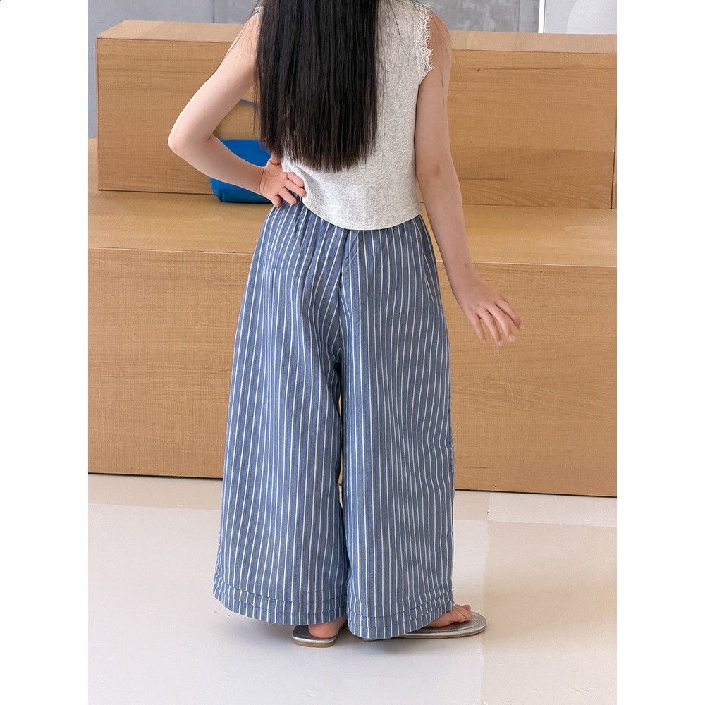 艾摩貝貝兒童韓系休閒寬鬆文藝直筒褲女童輕薄透氣豎條紋闊腿褲-細節圖2