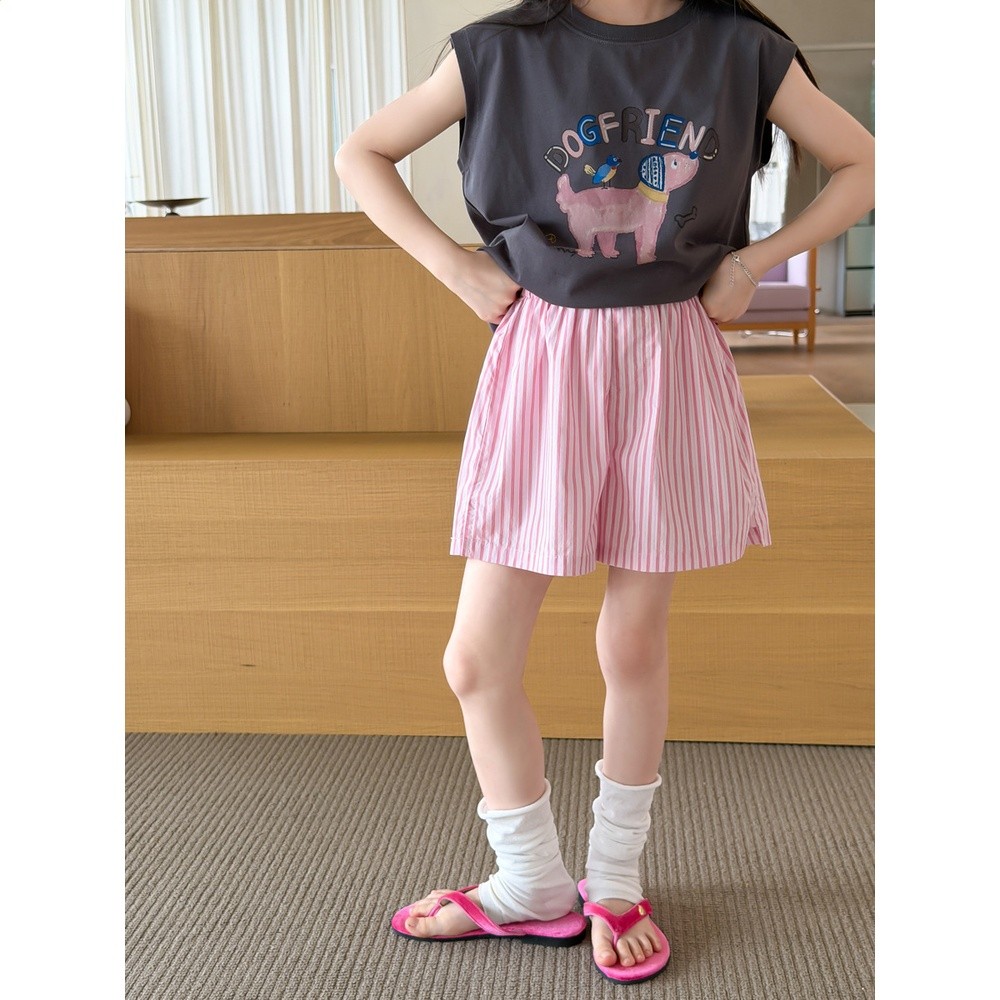 艾摩貝貝兒童韓系甜妹開叉寬鬆清爽水洗棉少女感粉白條紋休閒短褲-細節圖5