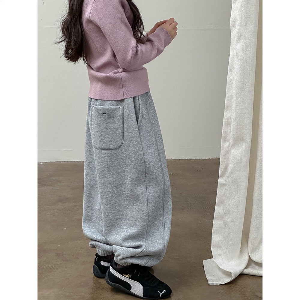 【加絨】艾摩貝貝女童褲子兒童寬鬆休閒保暖複合240g加厚拼接衛褲-細節圖2