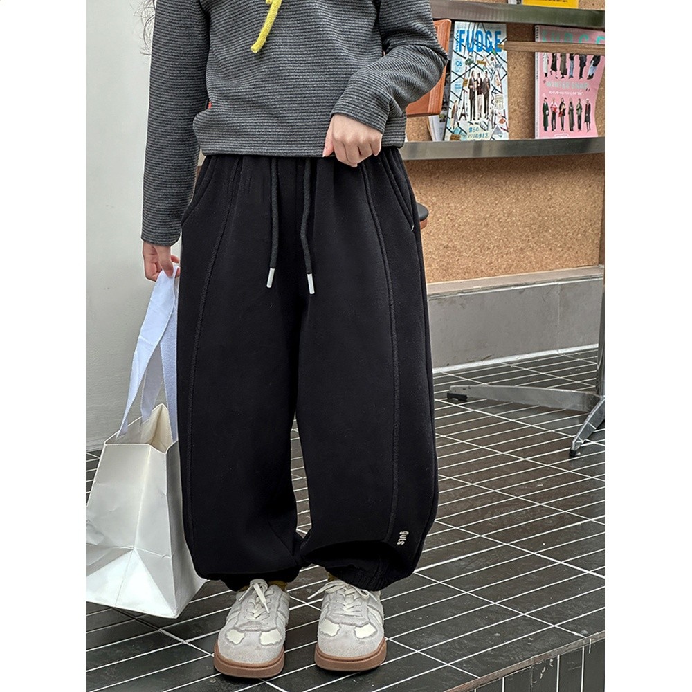 【加絨】艾摩貝貝女童褲子兒童寬鬆休閒保暖複合240g加厚拼接衛褲-細節圖3