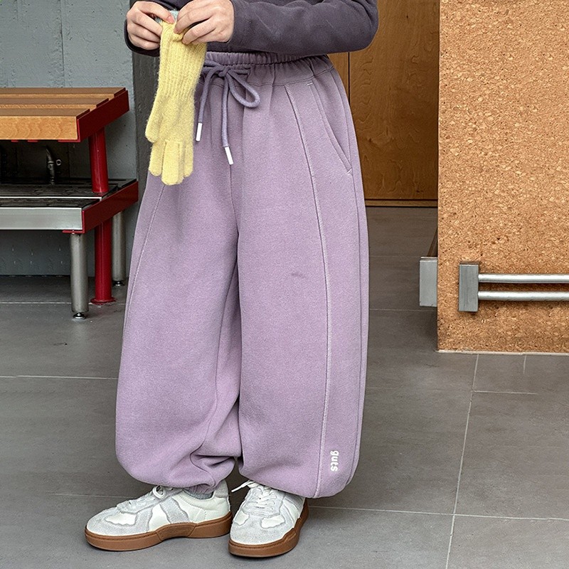 【加絨】艾摩貝貝女童褲子兒童寬鬆休閒保暖複合240g加厚拼接衛褲-規格圖5